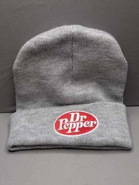 Dr Pepper Gray Knit Beanie HatRed White Embroidered Logo Cuffed Acrylic Winter